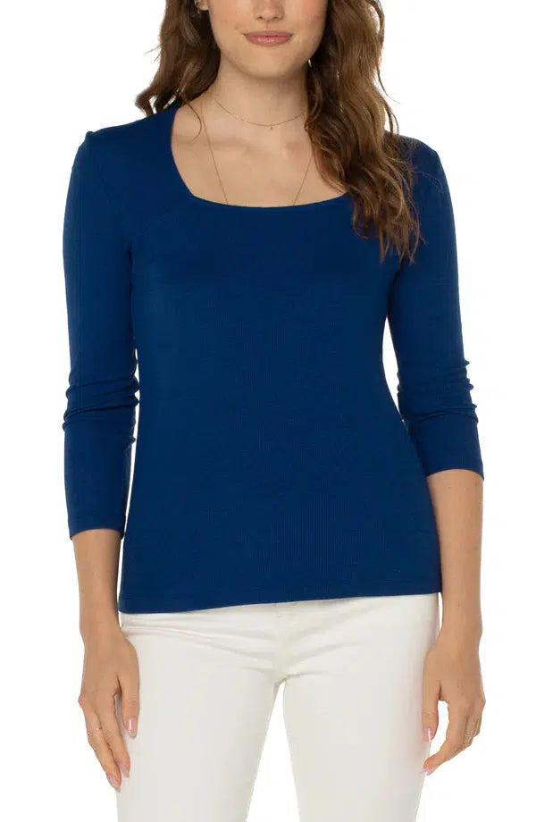 Square Neck 3/4 Sleeve Rib Knit Top-3/4 Sleeve, 3/4 sleeves, Catalina Blue, clothing, Rib Knit, Square Neck, Top, Tops, Women, women's-XS-[option4]-[option5]-[option6]-Bella Bliss Boutique in Texas
