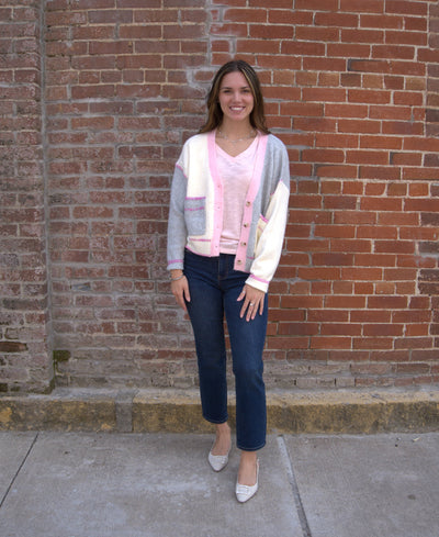 Stitch Detail Cardigan Sweater-Cardigan Sweater,clothing,Color Block,Drop Shoulder,Ivory/Pink/Grey,Stitch Embroidery,Stitch Embroidery Detail,Sweater,Sweaters,Top,Tops,Tortoise Buttons,Women,women's-S-[option4]-[option5]-[option6]-Bella Bliss Boutique in Texas
