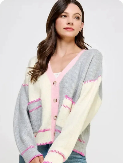 Stitch Detail Cardigan Sweater-Cardigan Sweater,clothing,Color Block,Drop Shoulder,Ivory/Pink/Grey,Stitch Embroidery,Stitch Embroidery Detail,Sweater,Sweaters,Top,Tops,Tortoise Buttons,Women,women's-S-[option4]-[option5]-[option6]-Bella Bliss Boutique in Texas
