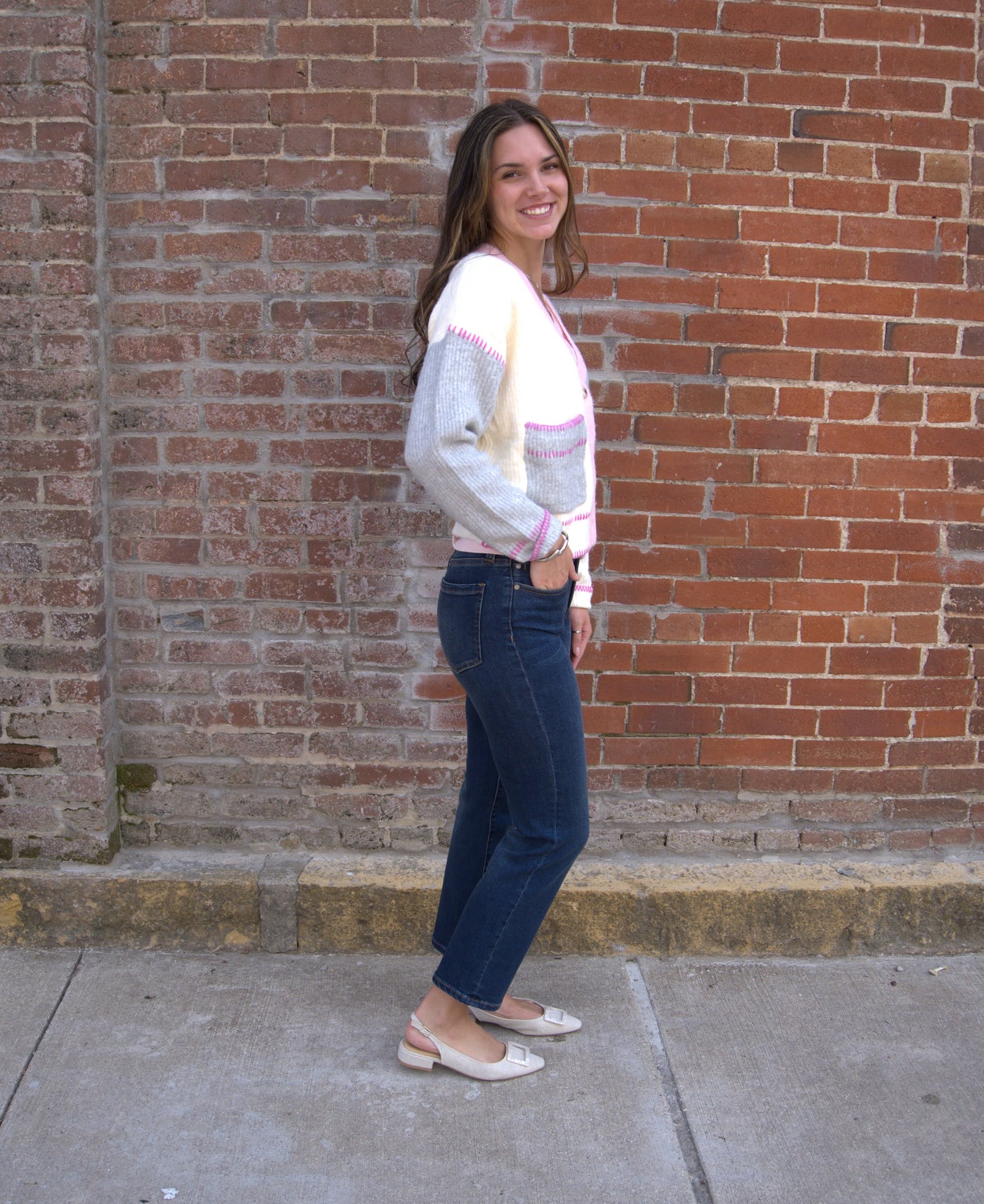 Stitch Detail Cardigan Sweater-Cardigan Sweater,clothing,Color Block,Drop Shoulder,Ivory/Pink/Grey,Stitch Embroidery,Stitch Embroidery Detail,Sweater,Sweaters,Top,Tops,Tortoise Buttons,Women,women's-[option4]-[option5]-[option6]-Bella Bliss Boutique in Texas