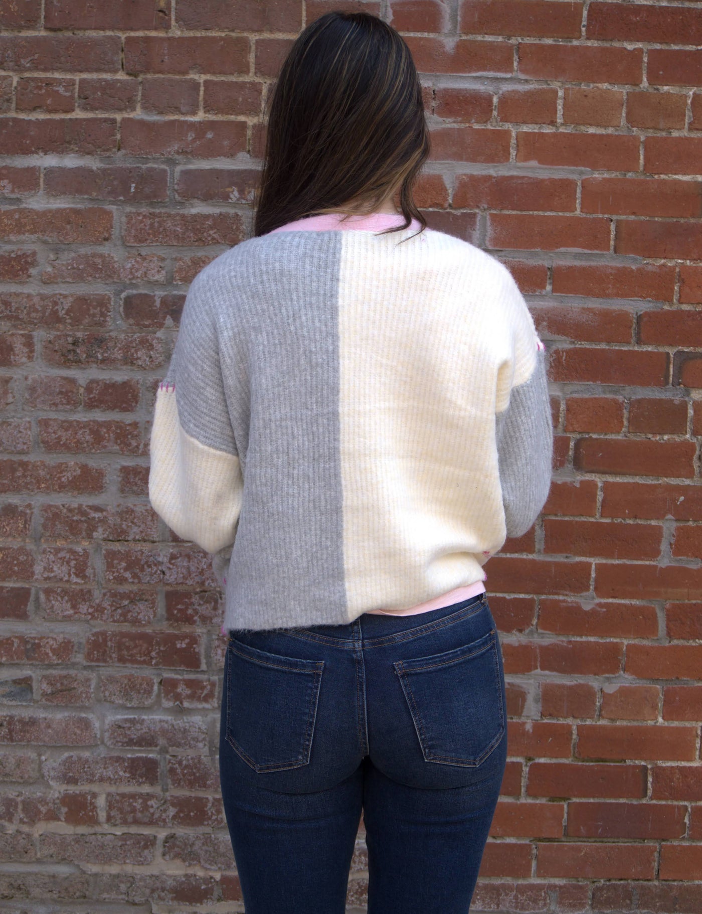 Stitch Detail Cardigan Sweater-Cardigan Sweater,clothing,Color Block,Drop Shoulder,Ivory/Pink/Grey,Stitch Embroidery,Stitch Embroidery Detail,Sweater,Sweaters,Top,Tops,Tortoise Buttons,Women,women's-[option4]-[option5]-[option6]-Bella Bliss Boutique in Texas