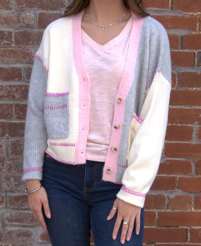 Stitch Detail Cardigan Sweater-Cardigan Sweater,clothing,Color Block,Drop Shoulder,Ivory/Pink/Grey,Stitch Embroidery,Stitch Embroidery Detail,Sweater,Sweaters,Top,Tops,Tortoise Buttons,Women,women's-[option4]-[option5]-[option6]-Bella Bliss Boutique in Texas