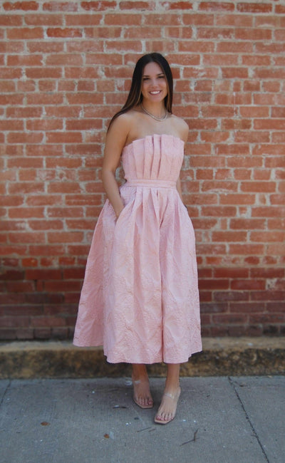 Strapless Embossed Midi Dress-blush,clothing,dress,dresses,Embossed,Midi Dress,Pink,Pleated,Pleated Bodice,Smocked Back,Smocking,Strapless,Women,women's-Blush-S-[option4]-[option5]-[option6]-Bella Bliss Boutique in Texas