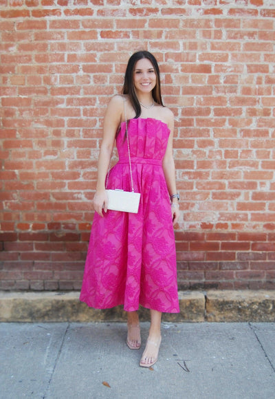 Strapless Embossed Midi Dress-blush,clothing,dress,dresses,Embossed,Midi Dress,Pink,Pleated,Pleated Bodice,Smocked Back,Smocking,Strapless,Women,women's-Pink-S-[option4]-[option5]-[option6]-Bella Bliss Boutique in Texas