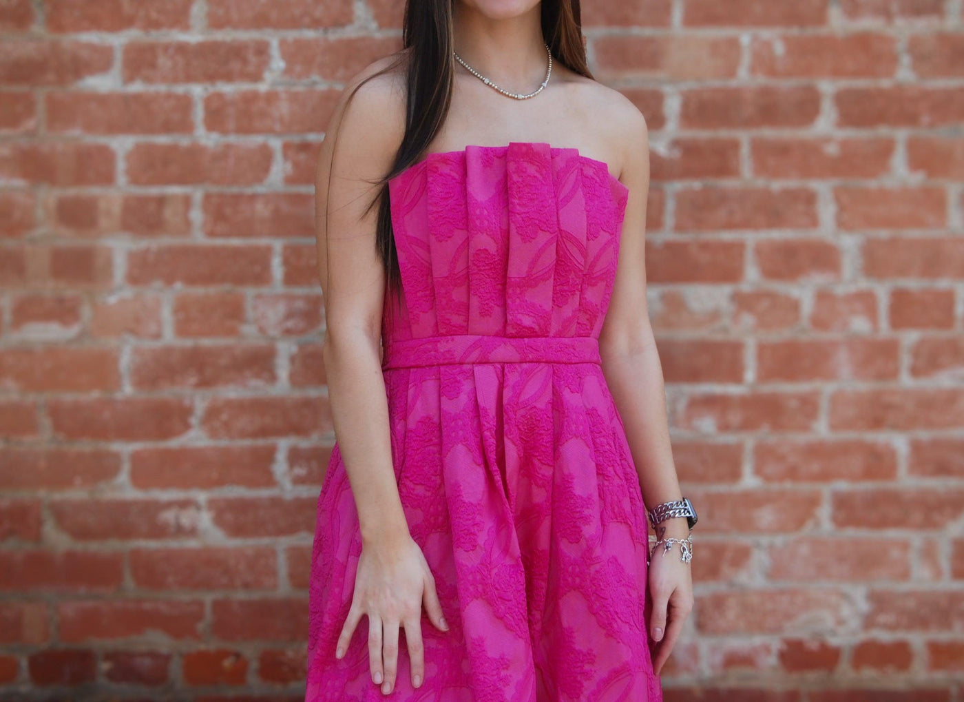 Strapless Embossed Midi Dress-blush,clothing,dress,dresses,Embossed,Midi Dress,Pink,Pleated,Pleated Bodice,Smocked Back,Smocking,Strapless,Women,women's-[option4]-[option5]-[option6]-Bella Bliss Boutique in Texas