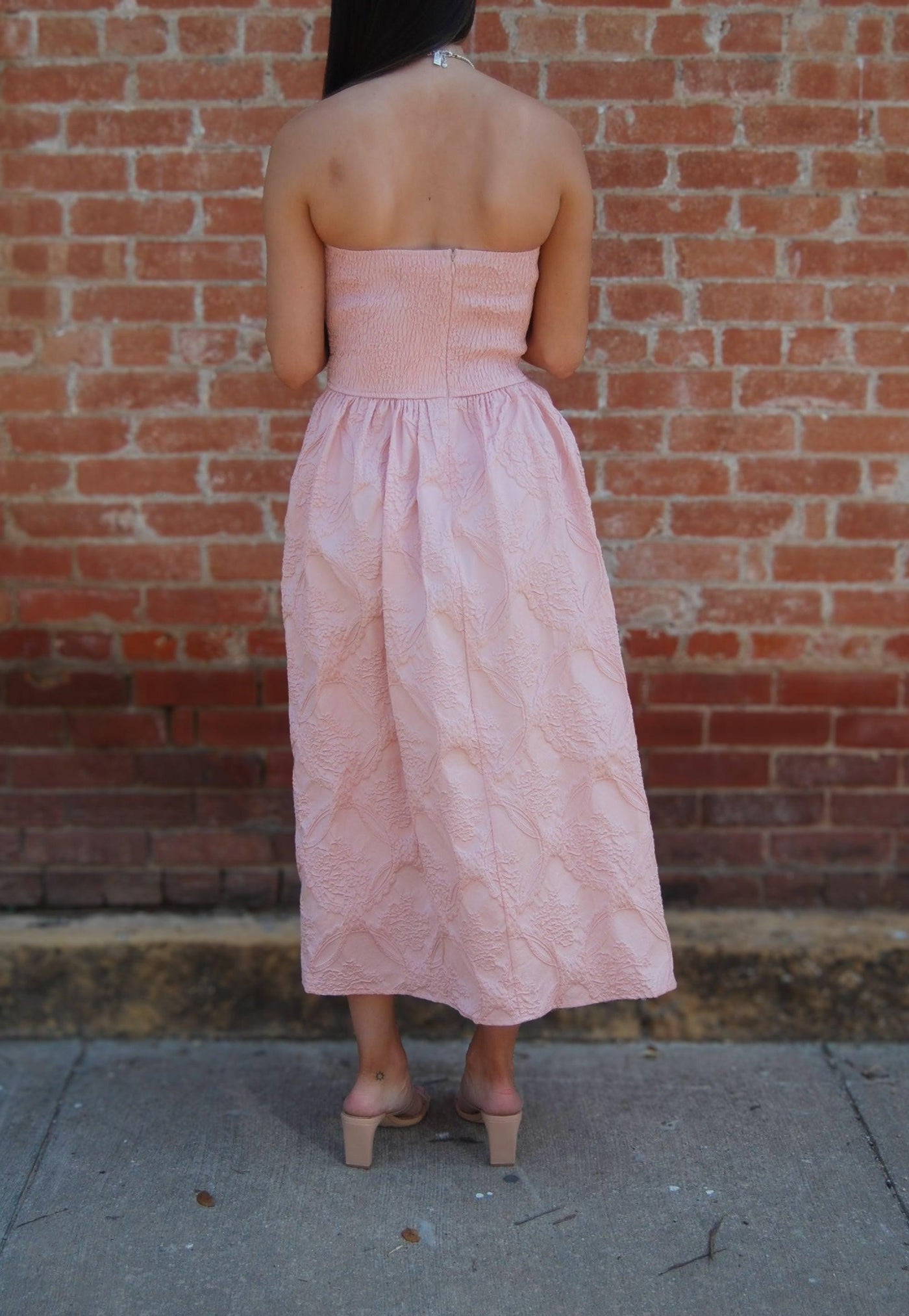 Strapless Embossed Midi Dress-blush,clothing,dress,dresses,Embossed,Midi Dress,Pink,Pleated,Pleated Bodice,Smocked Back,Smocking,Strapless,Women,women's-[option4]-[option5]-[option6]-Bella Bliss Boutique in Texas