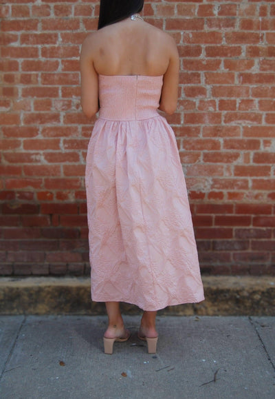 Strapless Embossed Midi Dress-blush,clothing,dress,dresses,Embossed,Midi Dress,Pink,Pleated,Pleated Bodice,Smocked Back,Smocking,Strapless,Women,women's-[option4]-[option5]-[option6]-Bella Bliss Boutique in Texas