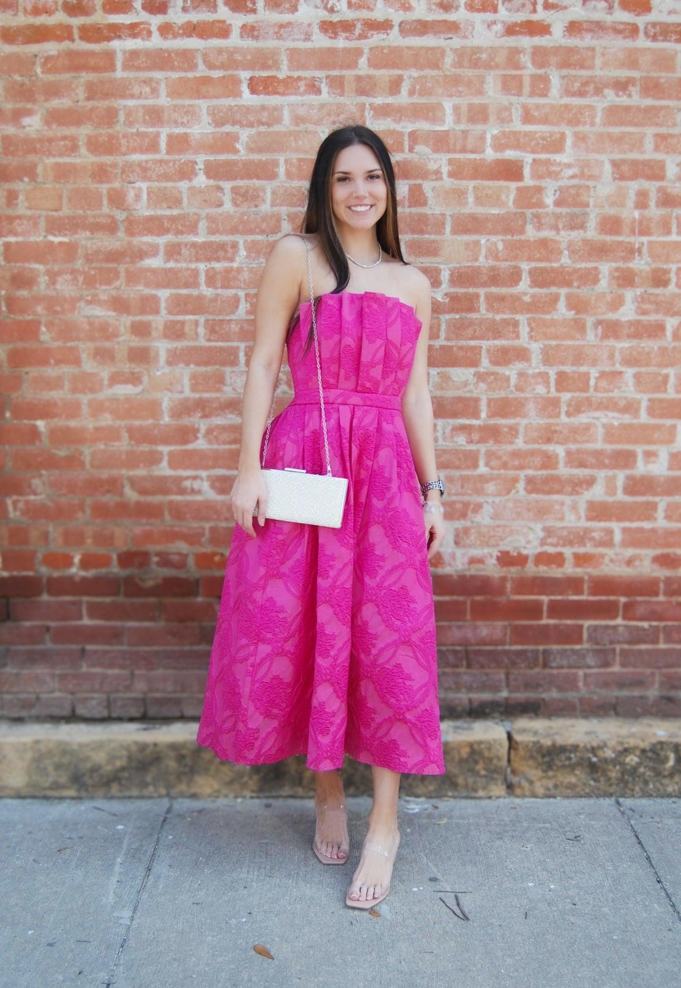 Strapless Embossed Midi Dress-blush,clothing,dress,dresses,Embossed,Midi Dress,Pink,Pleated,Pleated Bodice,Sale,Smocked Back,Smocking,Strapless,Women,women's-[option4]-[option5]-[option6]-Bella Bliss Boutique in Texas