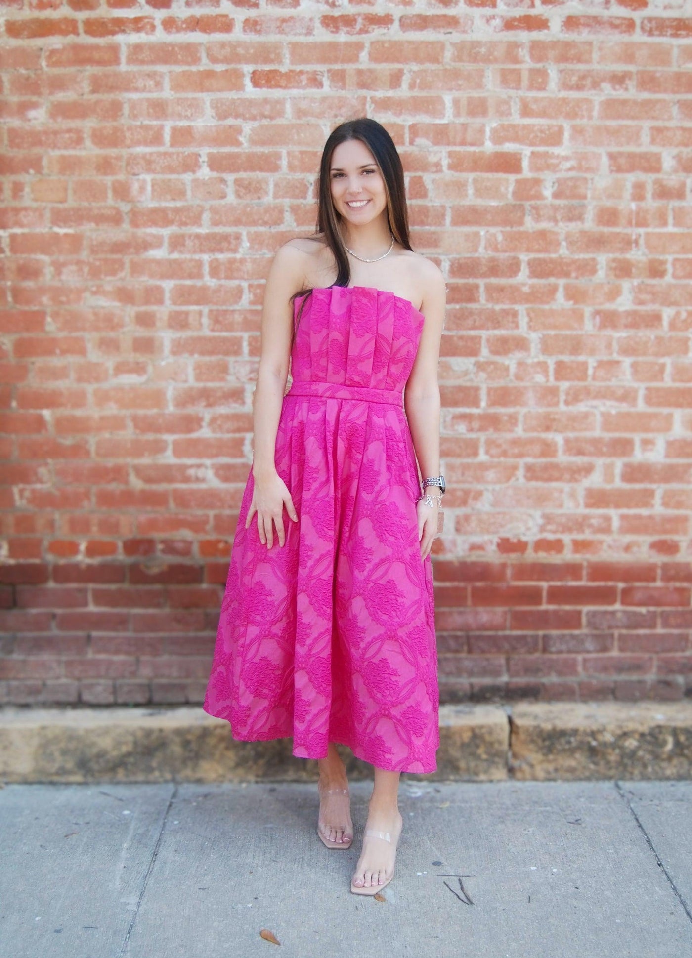 Strapless Embossed Midi Dress-blush,clothing,dress,dresses,Embossed,Midi Dress,Pink,Pleated,Pleated Bodice,Smocked Back,Smocking,Strapless,Women,women's-[option4]-[option5]-[option6]-Bella Bliss Boutique in Texas