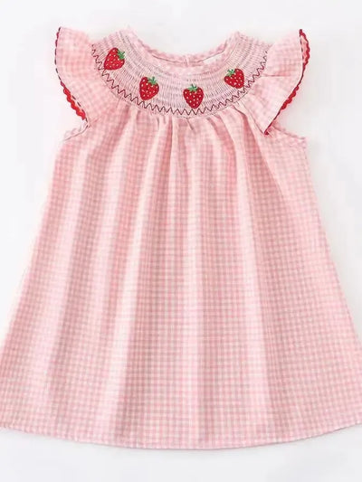 Strawberry Embroidered Plaid Dress-Children & Tweens,children's,clothing,dress,dresses,embroidered,Embroidered Detail,Infant to 6,Pink,plaid,smocked,smocked Detail,Strawberries-2T-[option4]-[option5]-[option6]-Bella Bliss Boutique in Texas
