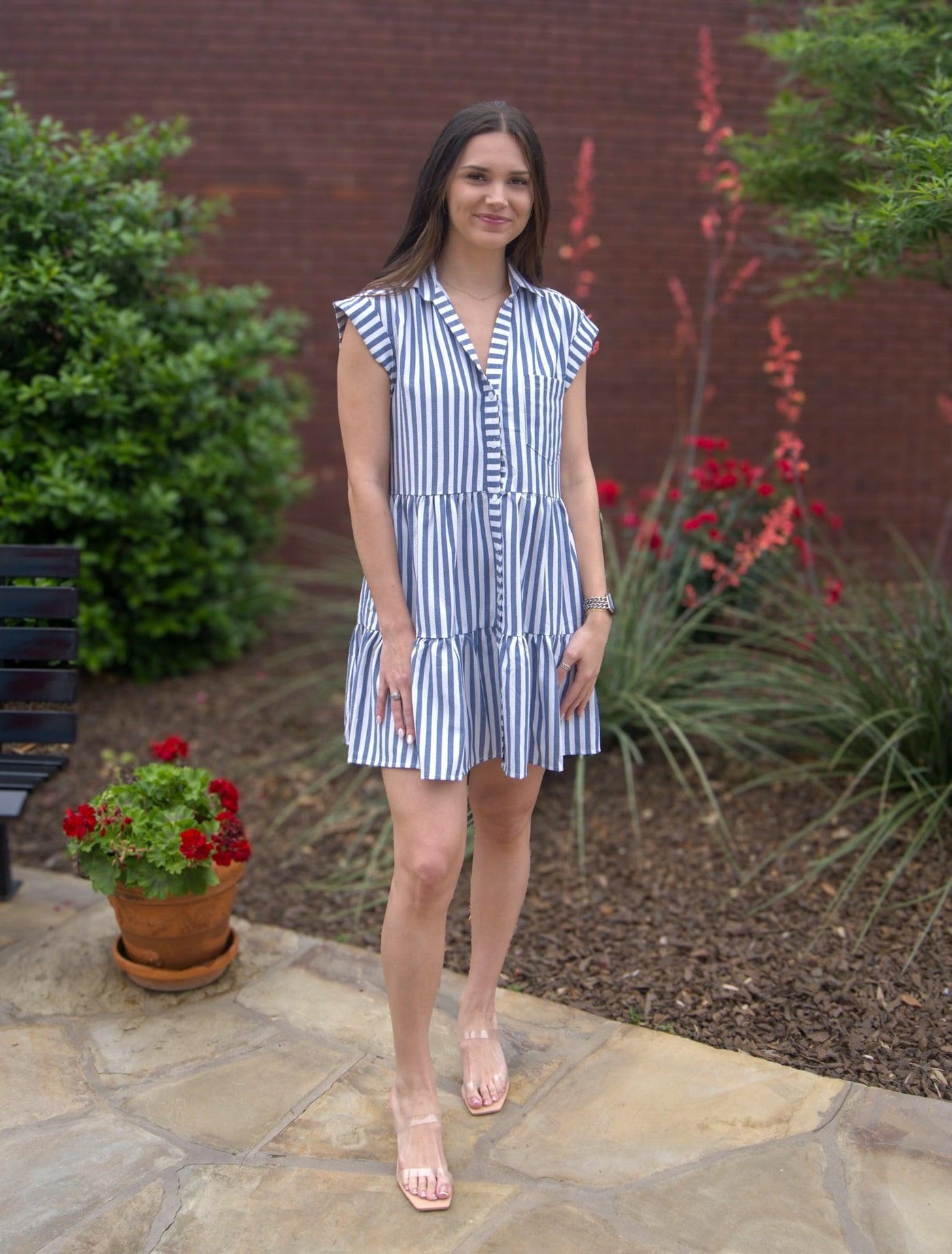 Striped Button Down Tiered Dress-Blue,Blue & White,Button-Down,clothing,Collared,dress,dresses,Mini Dress,stripe,Striped,Tiered,Tiered Dress,White,Women,women's-S-[option4]-[option5]-[option6]-Bella Bliss Boutique in Texas