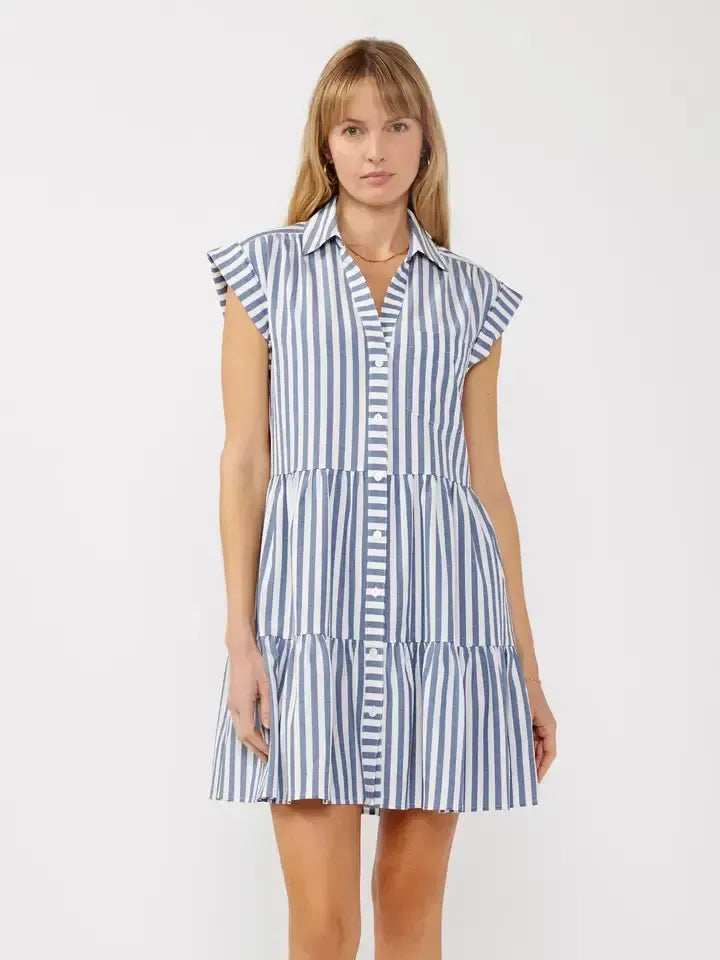 Striped Button Down Tiered Dress-Blue,Blue & White,Button-Down,clothing,Collared,dress,dresses,Mini Dress,stripe,Striped,Tiered,Tiered Dress,White,Women,women's-[option4]-[option5]-[option6]-Bella Bliss Boutique in Texas