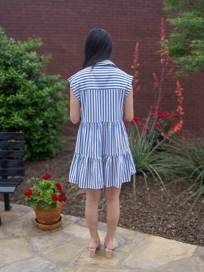 Striped Button Down Tiered Dress-Blue,Blue & White,Button-Down,clothing,Collared,dress,dresses,Mini Dress,stripe,Striped,Tiered,Tiered Dress,White,Women,women's-[option4]-[option5]-[option6]-Bella Bliss Boutique in Texas