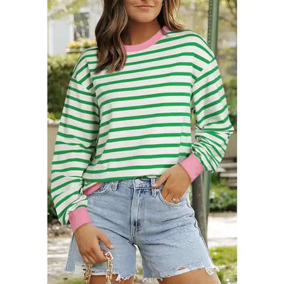 Striped Contrast Top-clothing,green,Long Sleeve,Pink Contrast,Round Neck,stripe,Striped,Top,Tops,Women,women's-S-[option4]-[option5]-[option6]-Bella Bliss Boutique in Texas