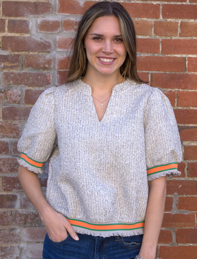 Striped Detail Puff Sleeve Top-blouse,blouses,Elastic Cuffs,Knit Top,Multi Color Striped Elastic Cuff,Puff Sleeve,Striped,Top,Tops,V-Neck,VOY,Women,women's,Woven Top-S-[option4]-[option5]-[option6]-Bella Bliss Boutique in Texas