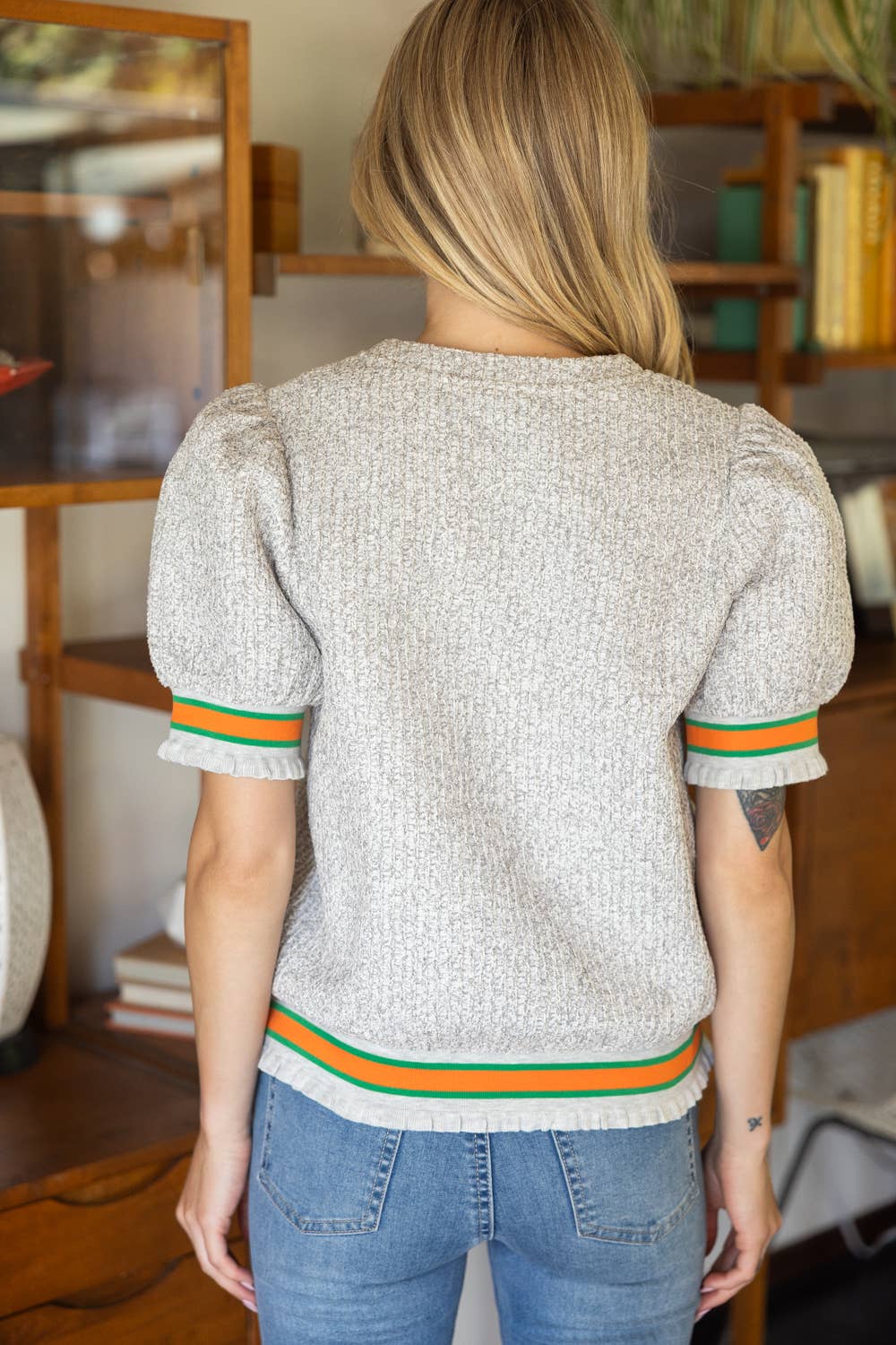 Striped Detail Puff Sleeve Top-blouse,blouses,Elastic Cuffs,Knit Top,Multi Color Striped Elastic Cuff,Puff Sleeve,Striped,Top,Tops,V-Neck,VOY,Women,women's,Woven Top-[option4]-[option5]-[option6]-Bella Bliss Boutique in Texas