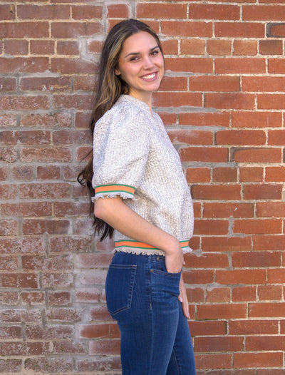 Striped Detail Puff Sleeve Top-blouse,blouses,Elastic Cuffs,Knit Top,Multi Color Striped Elastic Cuff,Puff Sleeve,Striped,Top,Tops,V-Neck,VOY,Women,women's,Woven Top-[option4]-[option5]-[option6]-Bella Bliss Boutique in Texas