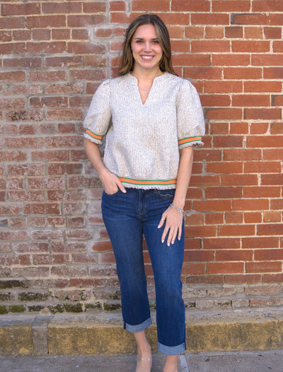 Striped Detail Puff Sleeve Top-blouse,blouses,Elastic Cuffs,Knit Top,Multi Color Striped Elastic Cuff,Puff Sleeve,Striped,Top,Tops,V-Neck,VOY,Women,women's,Woven Top-[option4]-[option5]-[option6]-Bella Bliss Boutique in Texas