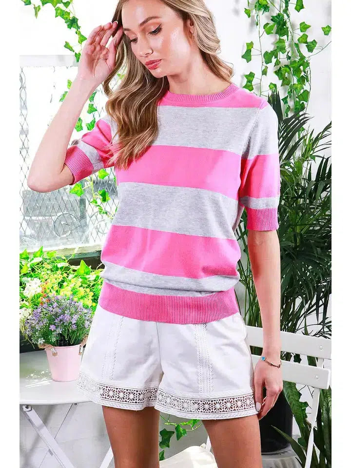 Striped Knit Sweater-clothing, Knit, Lightweight Sweater, Pink, Round Neck, Short Sleeve, stripe, Striped, Sweater, Sweaters, Top, Tops, Women, women's-[option4]-[option5]-[option6]-Bella Bliss Boutique in Texas