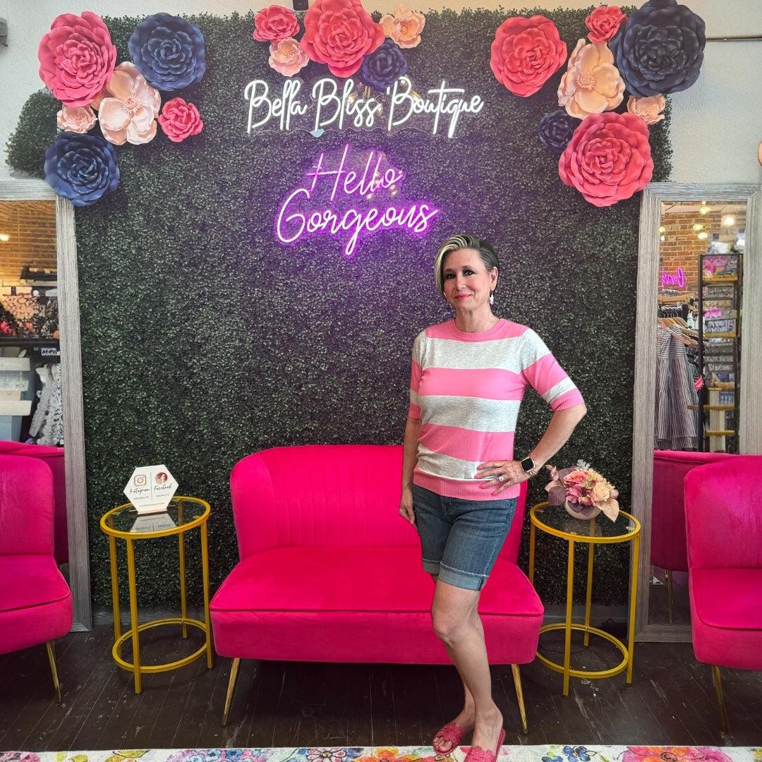 Striped Knit Sweater-clothing,Knit,Lightweight Sweater,Pink,Round Neck,Sale,Short Sleeve,stripe,Striped,Sweater,Sweaters,Top,Tops,Women,women's-[option4]-[option5]-[option6]-Bella Bliss Boutique in Texas