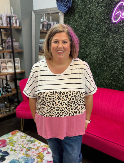 Striped Leopard Color Block Top-Animal Print, clothing, Color Block, Colorblock, Curvy, leopard, Leopard Print, Short Sleeve, stripe, Striped, Top, Tops, V-Neck-1XL-[option4]-[option5]-[option6]-Bella Bliss Boutique in Texas