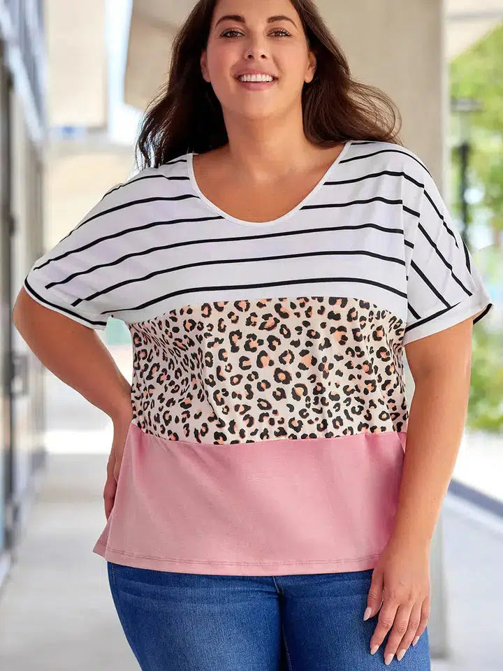 Striped Leopard Color Block Top-Animal Print, clothing, Color Block, Colorblock, Curvy, leopard, Leopard Print, Short Sleeve, stripe, Striped, Top, Tops, V-Neck-[option4]-[option5]-[option6]-Bella Bliss Boutique in Texas