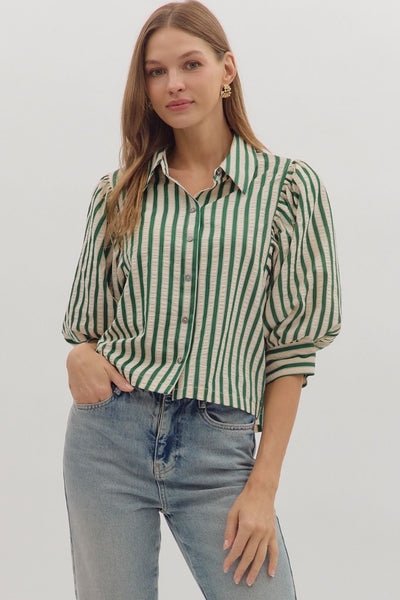 Striped Puff Sleeve Button-Down Top-button down,Button Front,clothing,Collared,Elbow Puff Sleeves,Entro,Green Stripe,Puff Sleeve,stripe,Striped,Top,Tops,Women,women's-S-[option4]-[option5]-[option6]-Bella Bliss Boutique in Texas