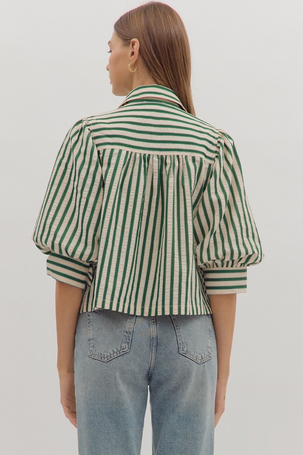 Striped Puff Sleeve Button-Down Top-button down,Button Front,clothing,Collared,Elbow Puff Sleeves,Entro,Green Stripe,Puff Sleeve,stripe,Striped,Top,Tops,Women,women's-[option4]-[option5]-[option6]-Bella Bliss Boutique in Texas