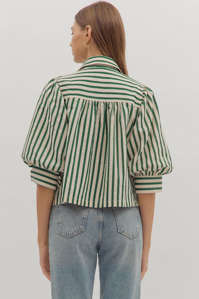 Striped Puff Sleeve Button-Down Top-button down,Button Front,clothing,Collared,Elbow Puff Sleeves,Entro,Green Stripe,Puff Sleeve,stripe,Striped,Top,Tops,Women,women's-[option4]-[option5]-[option6]-Bella Bliss Boutique in Texas