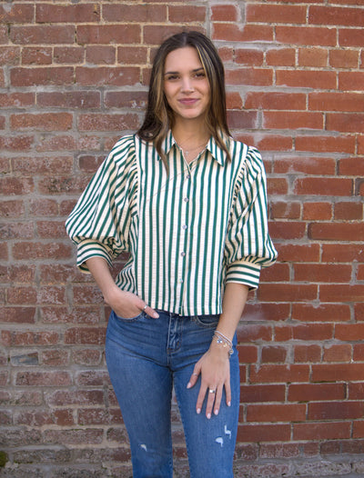 Striped Puff Sleeve Button-Down Top-button down,Button Front,clothing,Collared,Elbow Puff Sleeves,Entro,Green Stripe,Puff Sleeve,stripe,Striped,Top,Tops,Women,women's-[option4]-[option5]-[option6]-Bella Bliss Boutique in Texas