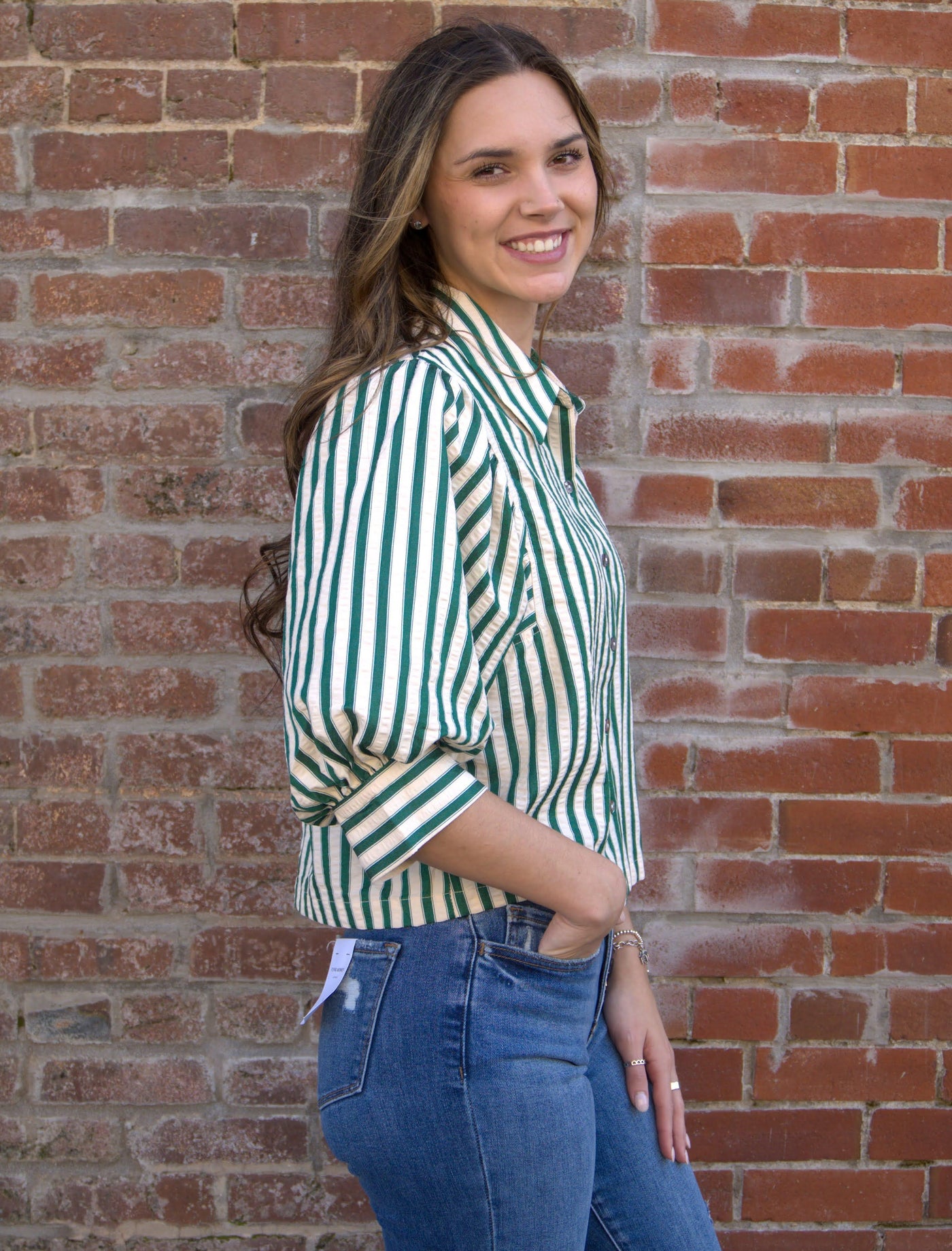 Striped Puff Sleeve Button-Down Top-button down,Button Front,clothing,Collared,Elbow Puff Sleeves,Entro,Green Stripe,Puff Sleeve,stripe,Striped,Top,Tops,Women,women's-[option4]-[option5]-[option6]-Bella Bliss Boutique in Texas