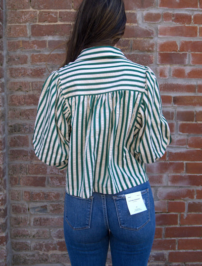 Striped Puff Sleeve Button-Down Top-button down,Button Front,clothing,Collared,Elbow Puff Sleeves,Entro,Green Stripe,Puff Sleeve,stripe,Striped,Top,Tops,Women,women's-[option4]-[option5]-[option6]-Bella Bliss Boutique in Texas