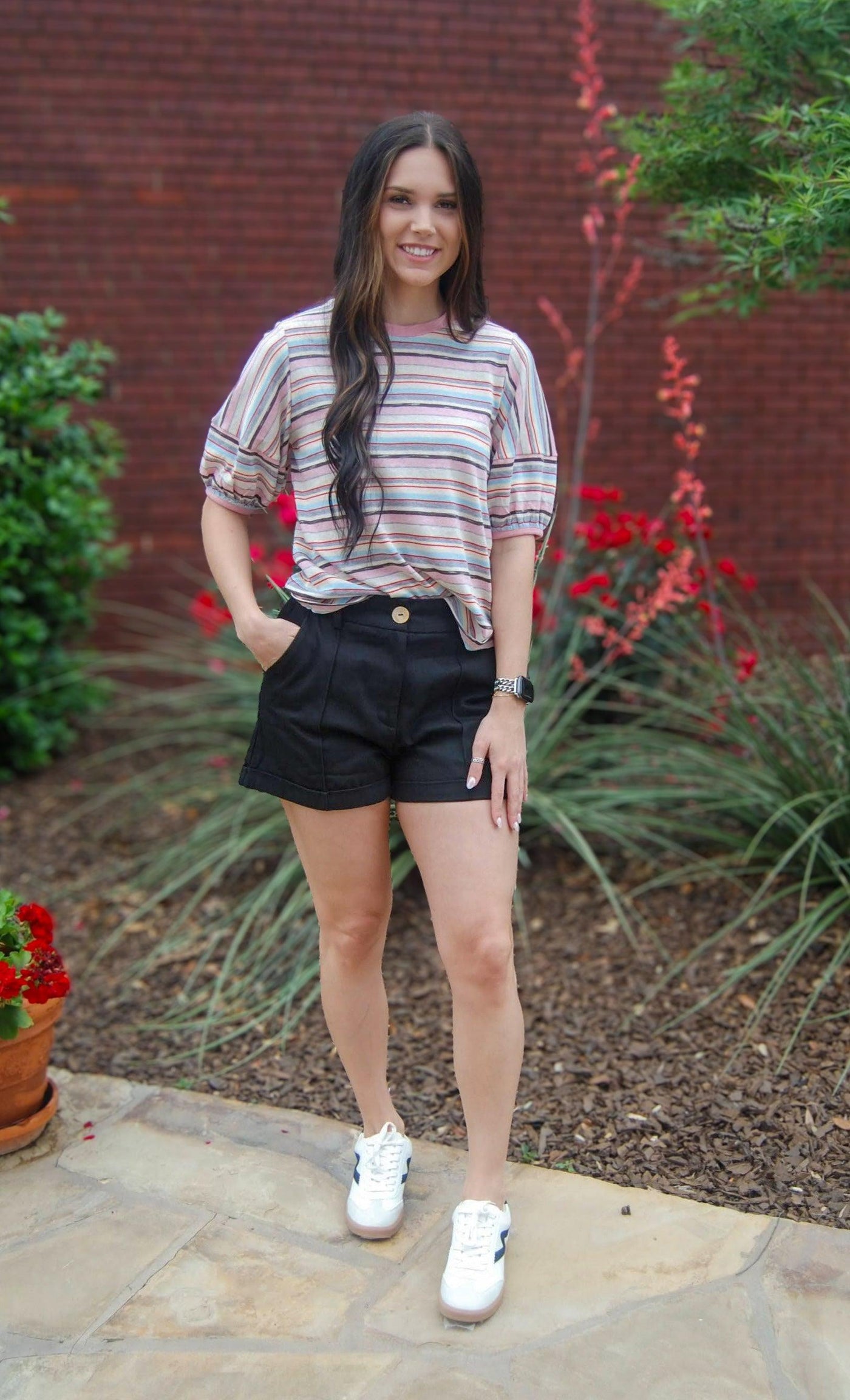 Striped Puff Sleeve Knit Top-clothing,Multi-Stripe,Pink,Pink Stripe,Puff Sleeve,Short Sleeve,stripe,Striped,Women,women's-XS-[option4]-[option5]-[option6]-Bella Bliss Boutique in Texas