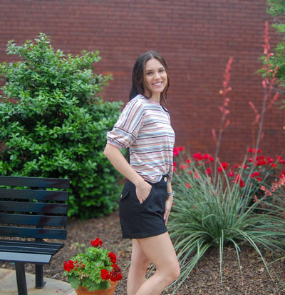 Striped Puff Sleeve Knit Top-clothing,Multi-Stripe,Pink,Pink Stripe,Puff Sleeve,Short Sleeve,stripe,Striped,Women,women's-[option4]-[option5]-[option6]-Bella Bliss Boutique in Texas