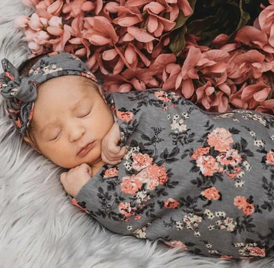 Swaddle + Headband Set-Baby Essentials,Baby Gifts,Baby Headband,Children & Tweens,children's,children's Accessories,Childrens/Tween,gift,Gift Sets,Gifts,Grey Floral,Hair Bows,Infant to 6,misc,Miscellaneous,Pink Rose,Swaddle + Headband,Swaddle Blanket-[option4]-[option5]-[option6]-Bella Bliss Boutique in Texas