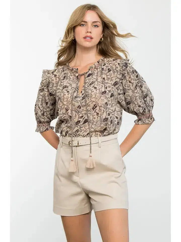 Tassel Tie Print Top-Beige, clothing, Tassel Tie, Tie Neck, Top, Tops, Women, women's-[option4]-[option5]-[option6]-Bella Bliss Boutique in Texas