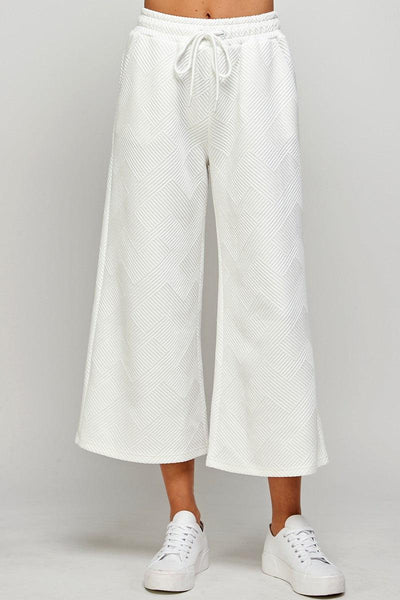 Textured Cropped Wide Leg Pants-Black, Bottoms, clothing, Crop, Crop Flare, Cropped, Loungewear, Loungewear & Intimates, Sale, Textured, White, Wide Leg, Women, women's-White-S-[option4]-[option5]-[option6]-Bella Bliss Boutique in Texas