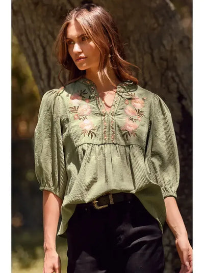 Textured Floral Embroidered Smocked Blouse-blouse,blouses,clothing,Floral,Floral Embroidery,Floral Print,Half Sleeve,Oddi,smocked,smocked Detail,Smocked Neck,Top,Tops,Women,women's-Green-S-[option4]-[option5]-[option6]-Bella Bliss Boutique in Texas