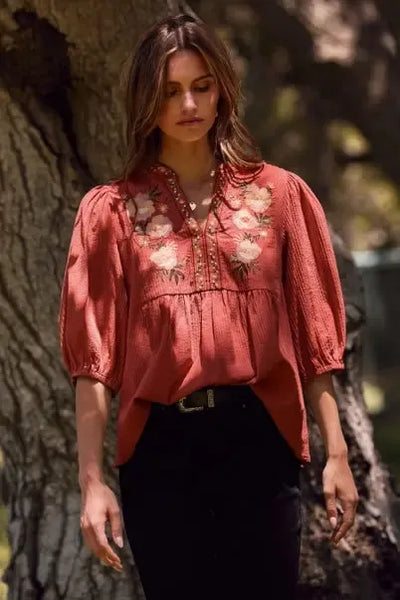 Textured Floral Embroidered Smocked Blouse-blouse,blouses,clothing,Floral,Floral Embroidery,Floral Print,Half Sleeve,Oddi,smocked,smocked Detail,Smocked Neck,Top,Tops,Women,women's-Red-S-[option4]-[option5]-[option6]-Bella Bliss Boutique in Texas