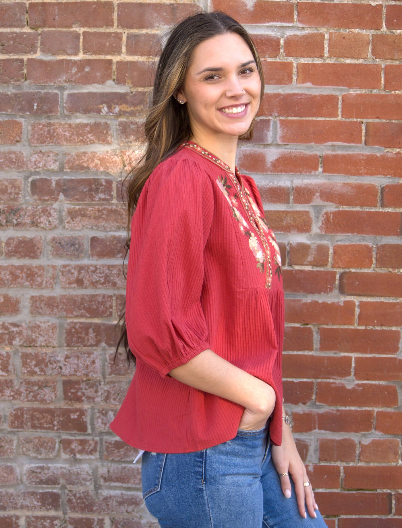 Textured Floral Embroidered Smocked Blouse-blouse,blouses,clothing,Floral,Floral Embroidery,Floral Print,Half Sleeve,Oddi,smocked,smocked Detail,Smocked Neck,Top,Tops,Women,women's-[option4]-[option5]-[option6]-Bella Bliss Boutique in Texas