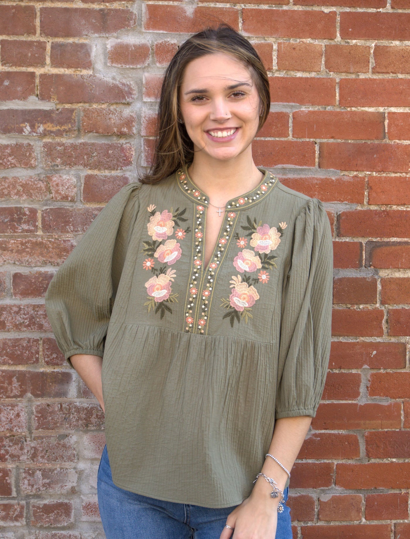 Textured Floral Embroidered Smocked Blouse-blouse,blouses,clothing,Floral,Floral Embroidery,Floral Print,Half Sleeve,Oddi,smocked,smocked Detail,Smocked Neck,Top,Tops,Women,women's-[option4]-[option5]-[option6]-Bella Bliss Boutique in Texas