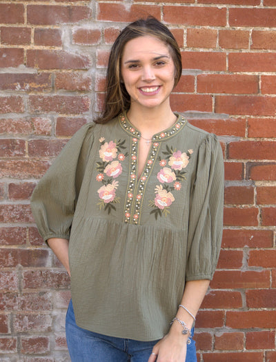 Textured Floral Embroidered Smocked Blouse-blouse,blouses,clothing,Floral,Floral Embroidery,Floral Print,Half Sleeve,Oddi,smocked,smocked Detail,Smocked Neck,Top,Tops,Women,women's-[option4]-[option5]-[option6]-Bella Bliss Boutique in Texas