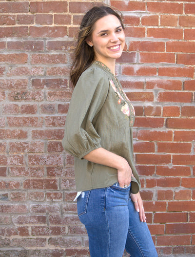 Textured Floral Embroidered Smocked Blouse-blouse,blouses,clothing,Floral,Floral Embroidery,Floral Print,Half Sleeve,Oddi,smocked,smocked Detail,Smocked Neck,Top,Tops,Women,women's-[option4]-[option5]-[option6]-Bella Bliss Boutique in Texas