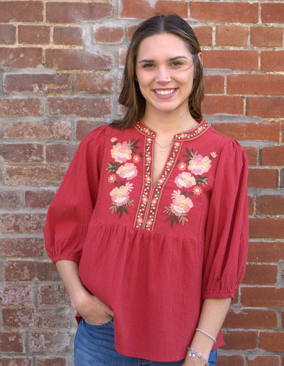 Textured Floral Embroidered Smocked Blouse-blouse,blouses,clothing,Floral,Floral Embroidery,Floral Print,Half Sleeve,Oddi,smocked,smocked Detail,Smocked Neck,Top,Tops,Women,women's-[option4]-[option5]-[option6]-Bella Bliss Boutique in Texas