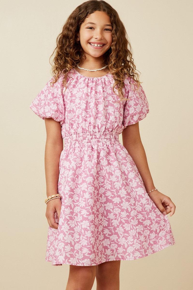 Textured Floral Puff Sleeve Dress-Children & Tweens,Childrens/Tween,clothing,dress,dresses,Elastic Waist,Floral,Floral Print,Pink,Puff Sleeve,Textured,Tween 7-14,Tweens 7-14-[option4]-[option5]-[option6]-Bella Bliss Boutique in Texas