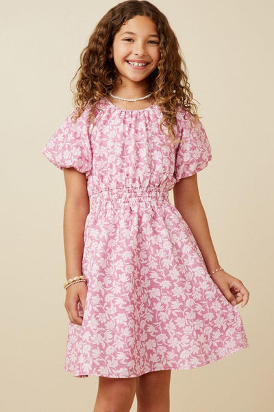 Textured Floral Puff Sleeve Dress-Children & Tweens,Childrens/Tween,clothing,dress,dresses,Elastic Waist,Floral,Floral Print,Pink,Puff Sleeve,Textured,Tween 7-14,Tweens 7-14-[option4]-[option5]-[option6]-Bella Bliss Boutique in Texas