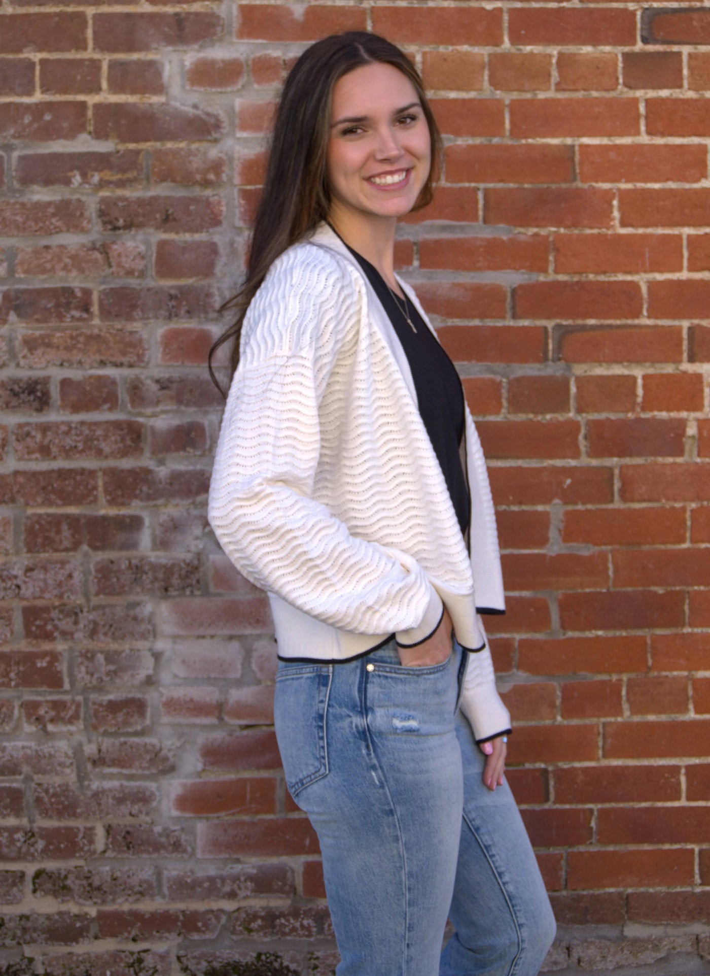 Textured Pointelle Knit Cardigan-Black Contrast Trim,Cardigan,Cardigan Sweater,Lovestitch,Outerwear,Pointelle,Rib Knit,Women,women's-[option4]-[option5]-[option6]-Bella Bliss Boutique in Texas