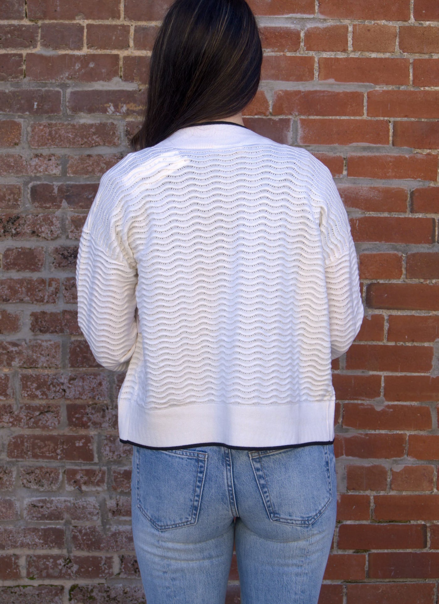 Textured Pointelle Knit Cardigan-Black Contrast Trim,Cardigan,Cardigan Sweater,Lovestitch,Outerwear,Pointelle,Rib Knit,Women,women's-[option4]-[option5]-[option6]-Bella Bliss Boutique in Texas