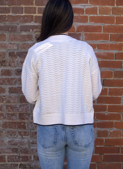 Textured Pointelle Knit Cardigan-Black Contrast Trim,Cardigan,Cardigan Sweater,Lovestitch,Outerwear,Pointelle,Rib Knit,Women,women's-[option4]-[option5]-[option6]-Bella Bliss Boutique in Texas