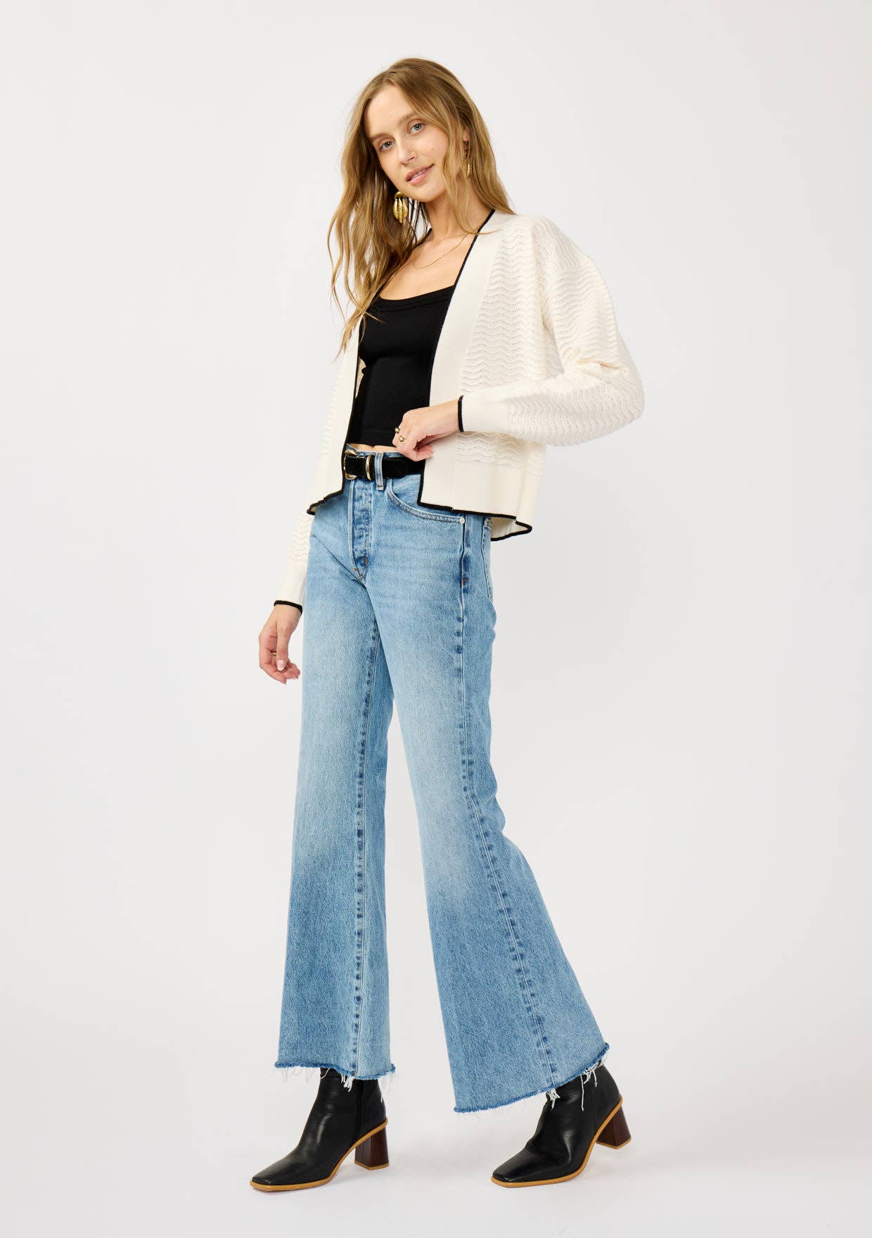 Textured Pointelle Knit Cardigan-Black Contrast Trim,Cardigan,Cardigan Sweater,Lovestitch,Outerwear,Pointelle,Rib Knit,Women,women's-[option4]-[option5]-[option6]-Bella Bliss Boutique in Texas